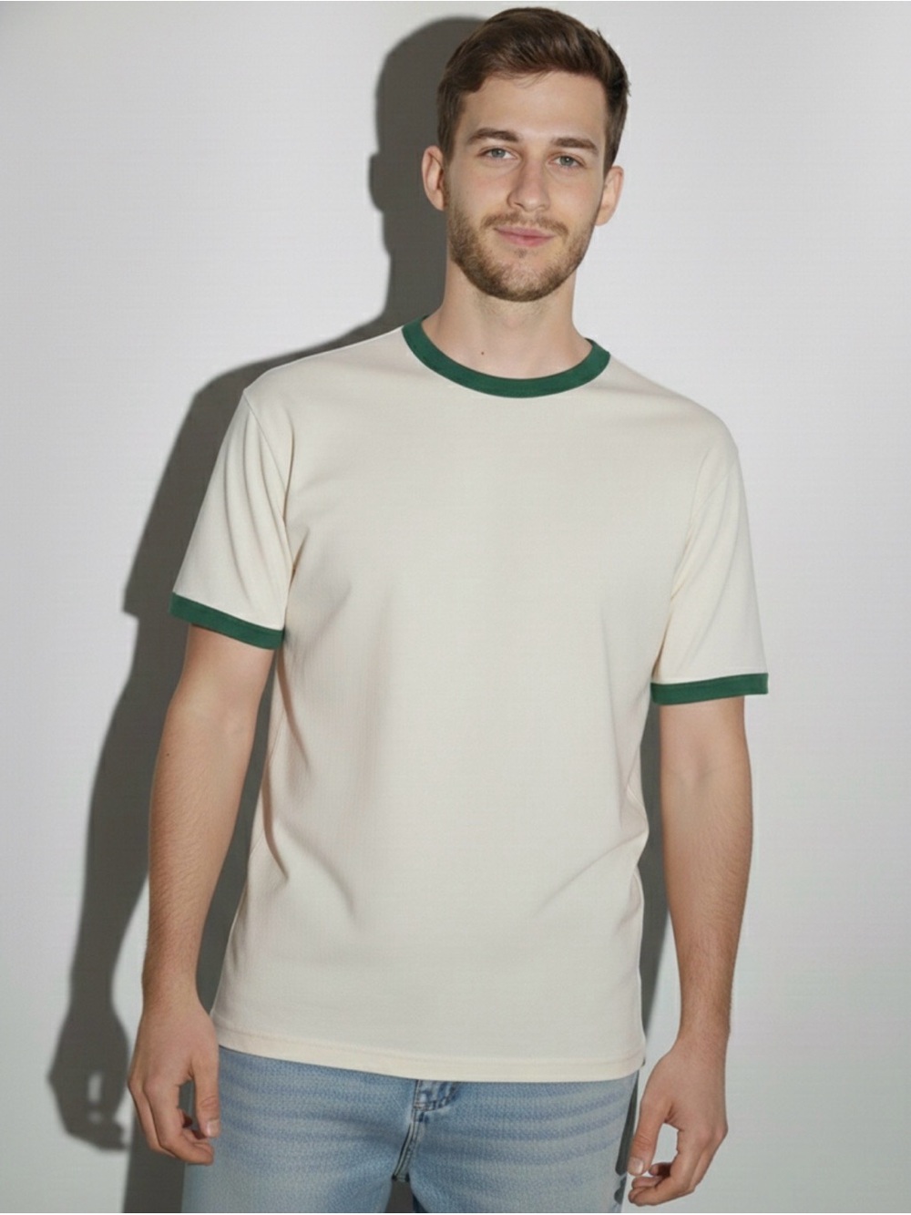NWOT Men's Cream/Green Ringer T-Shirt with Green Trim